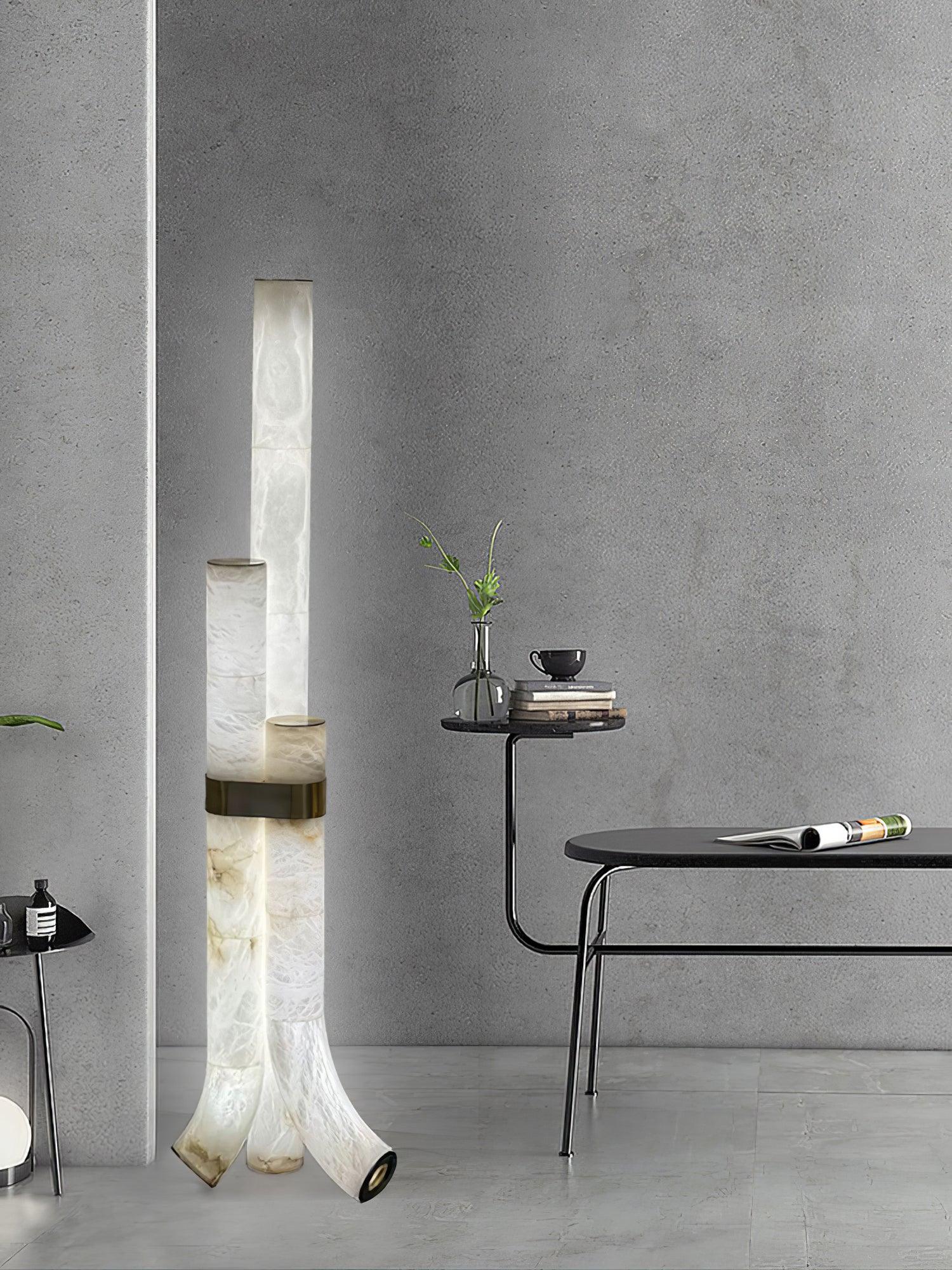Minimalist Piped Alabaster Floor Lamp with Natural Stone Shades and Brass Body