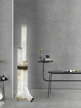Minimalist Piped Alabaster Floor Lamp with Natural Stone Shades and Brass Body
