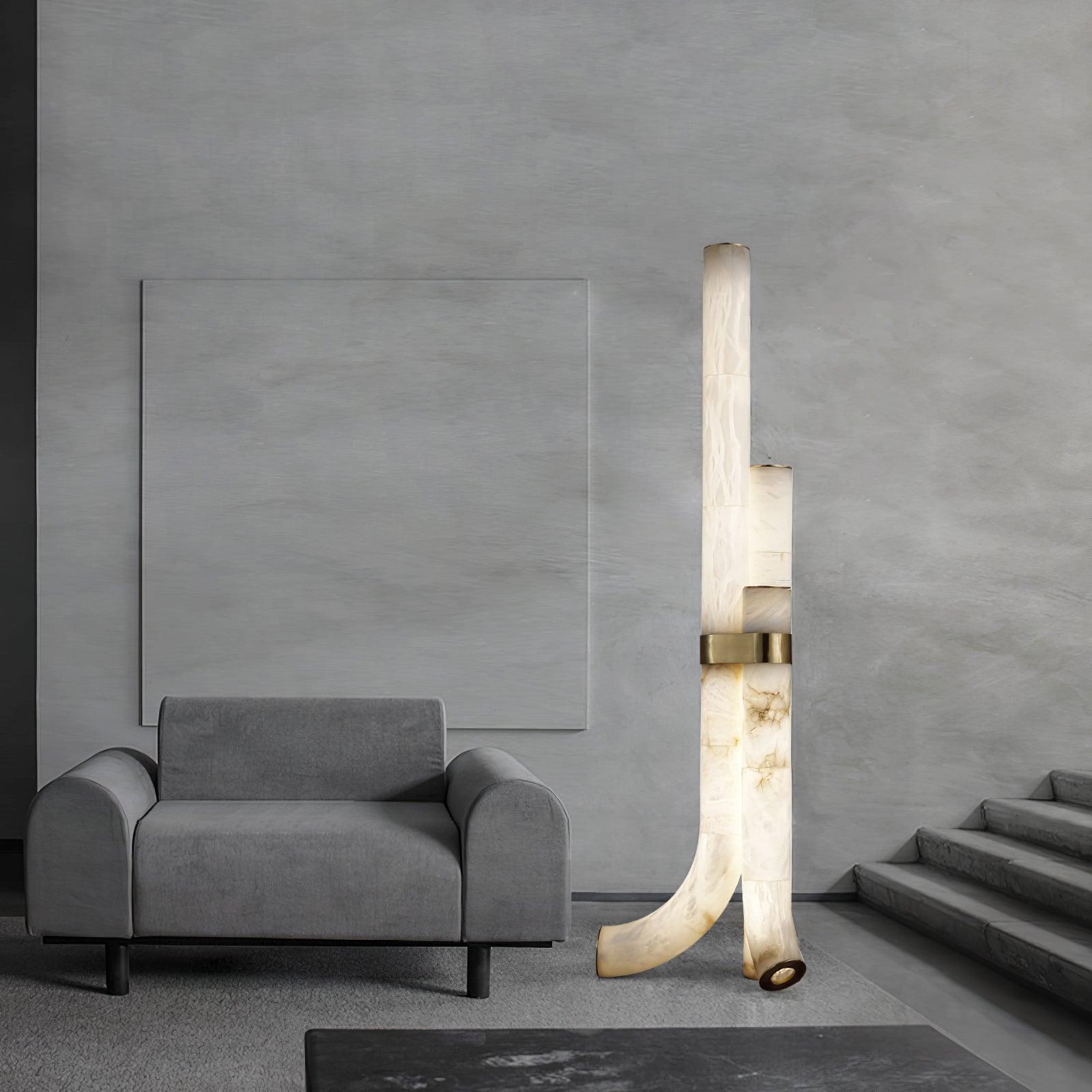 Minimalist Piped Alabaster Floor Lamp with Natural Stone Shades and Brass Body