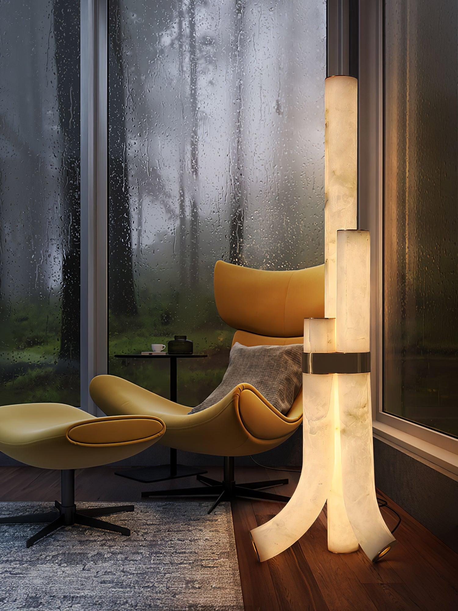 Minimalist Piped Alabaster Floor Lamp with Natural Stone Shades and Brass Body