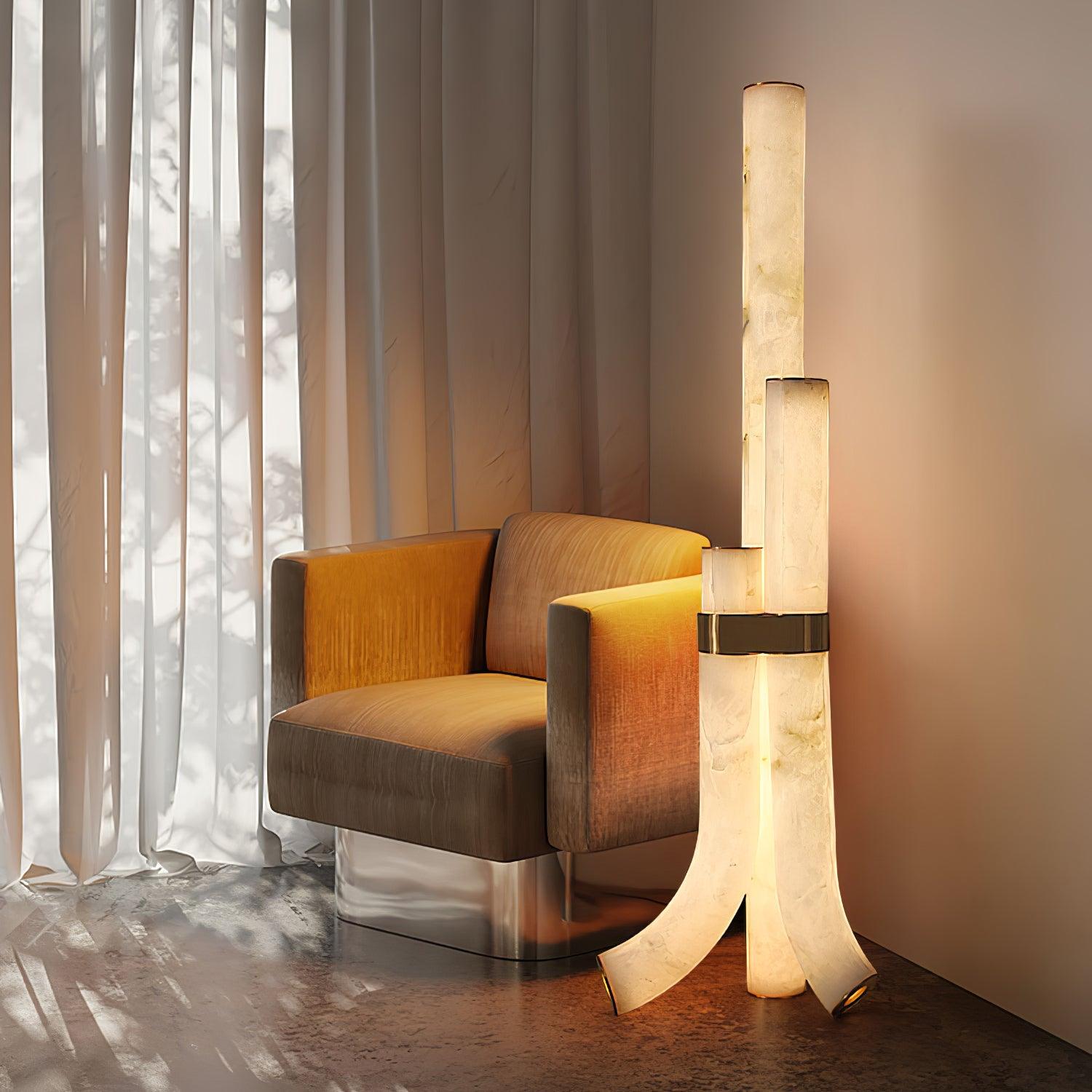 Minimalist Piped Alabaster Floor Lamp with Natural Stone Shades and Brass Body
