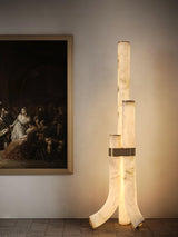 Minimalist Piped Alabaster Floor Lamp with Natural Stone Shades and Brass Body