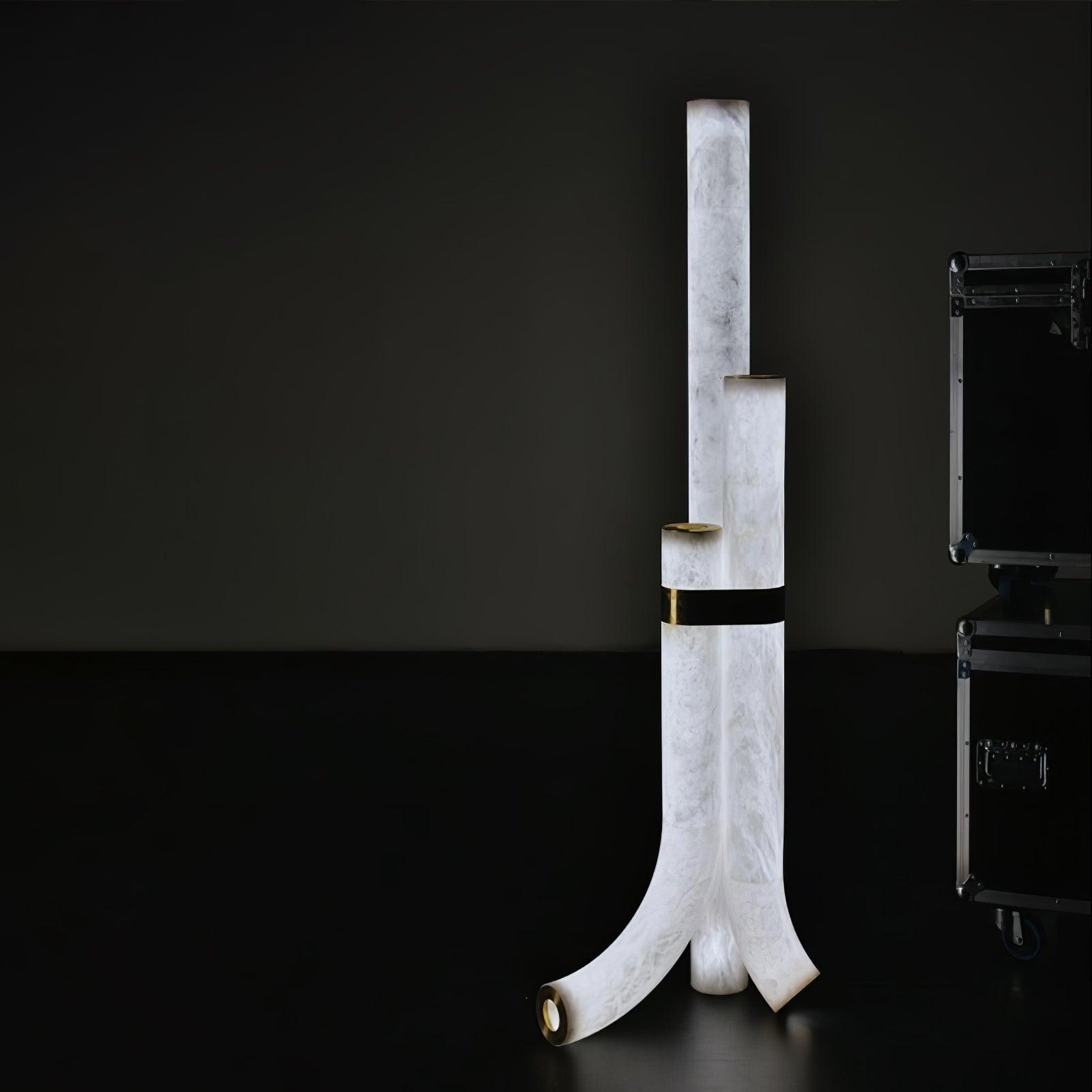 Minimalist Piped Alabaster Floor Lamp with Natural Stone Shades and Brass Body