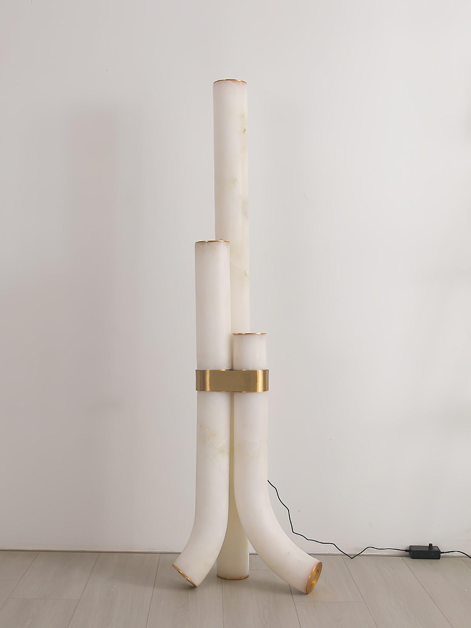 Minimalist Piped Alabaster Floor Lamp with Natural Stone Shades and Brass Body