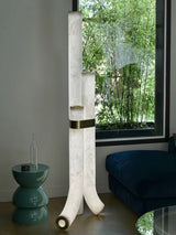 Minimalist Piped Alabaster Floor Lamp with Natural Stone Shades and Brass Body