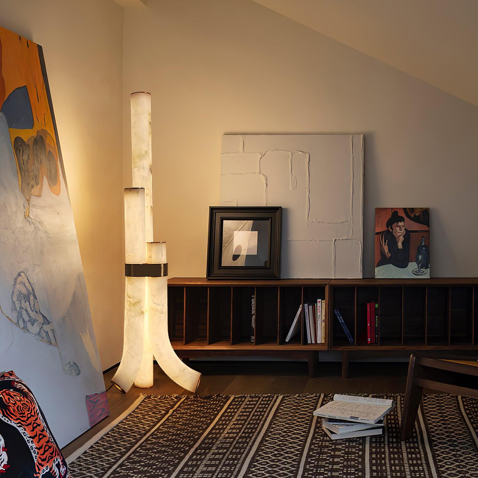 Minimalist Piped Alabaster Floor Lamp with Natural Stone Shades and Brass Body