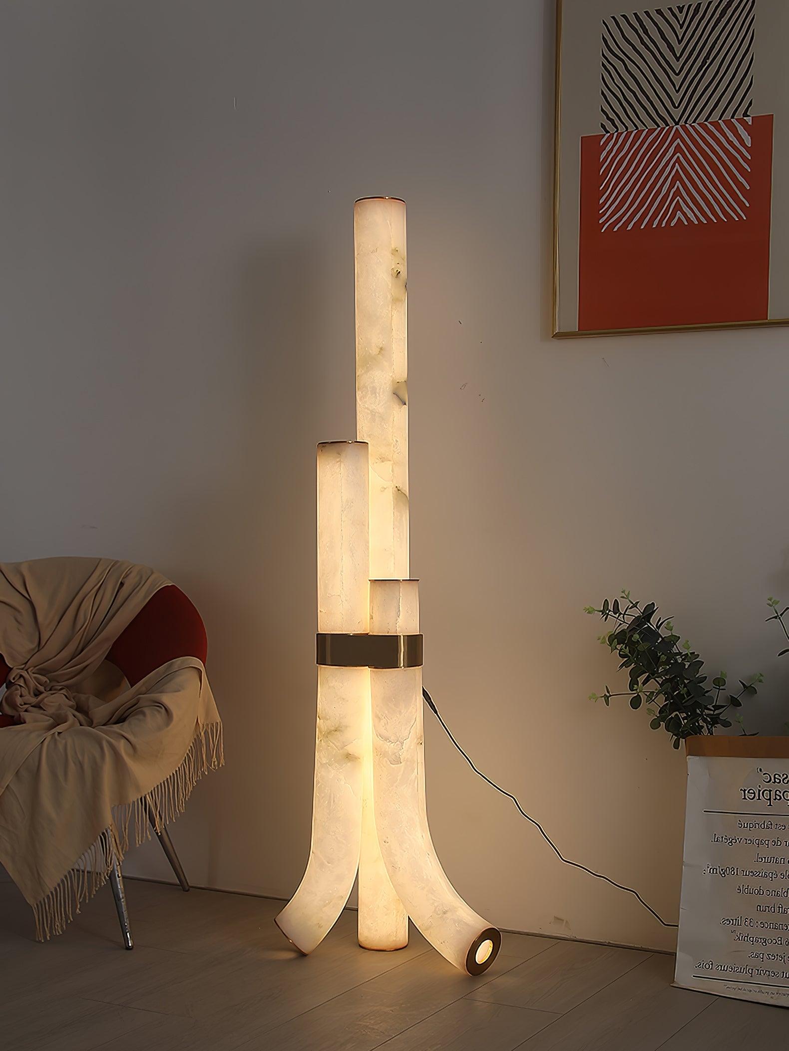 Minimalist Piped Alabaster Floor Lamp with Natural Stone Shades and Brass Body
