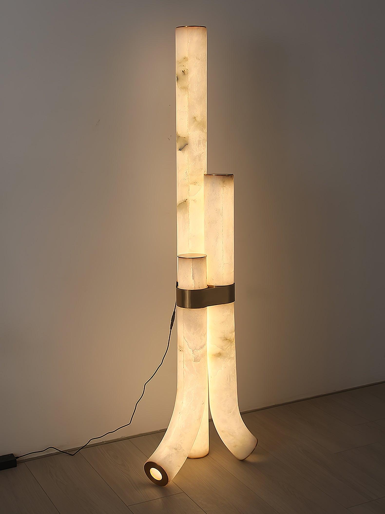 Minimalist Piped Alabaster Floor Lamp with Natural Stone Shades and Brass Body