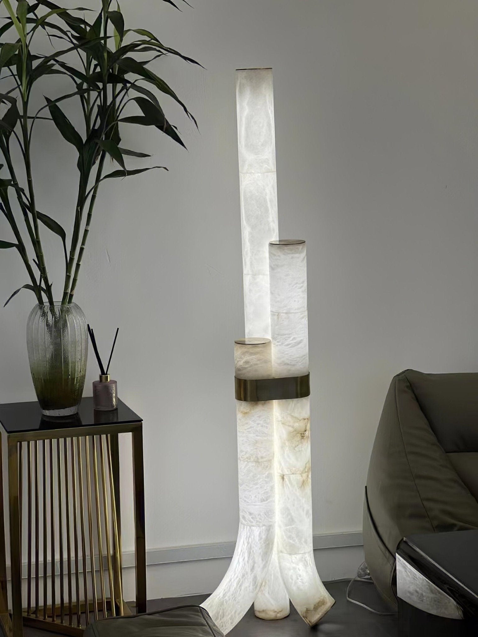 Minimalist Piped Alabaster Floor Lamp with Natural Stone Shades and Brass Body