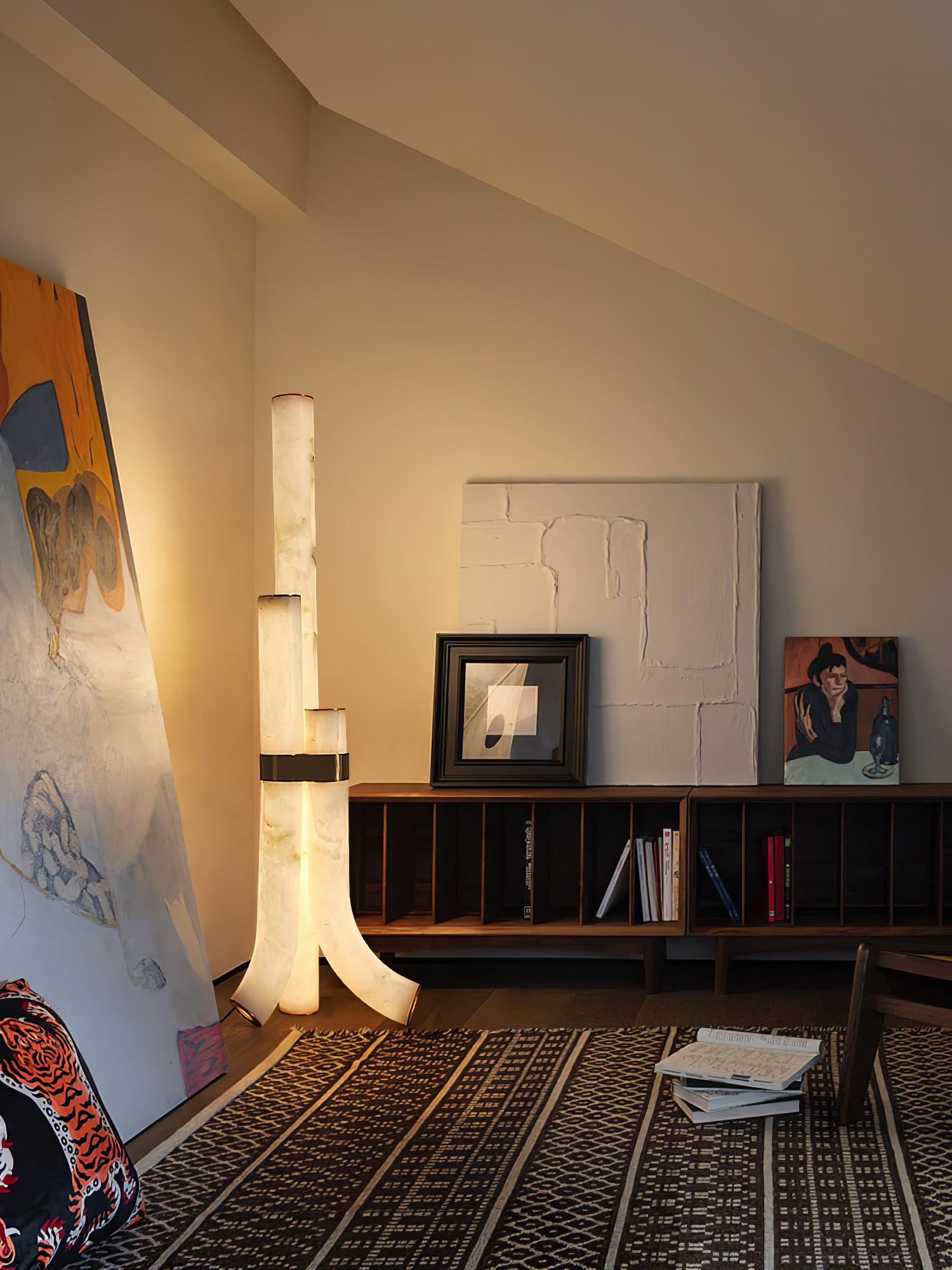 Minimalist Piped Alabaster Floor Lamp with Natural Stone Shades and Brass Body