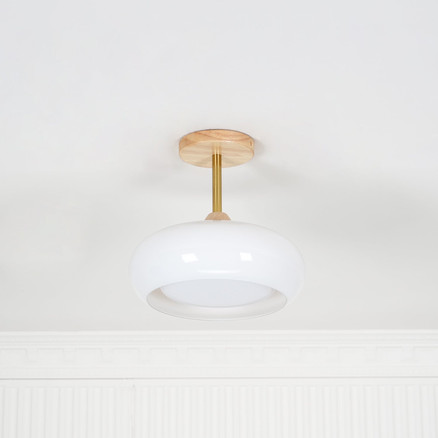 Bauhaus Inspired Mid Century Modern Glass Disc Ceiling Lamp Vintage Wood Light Fixture