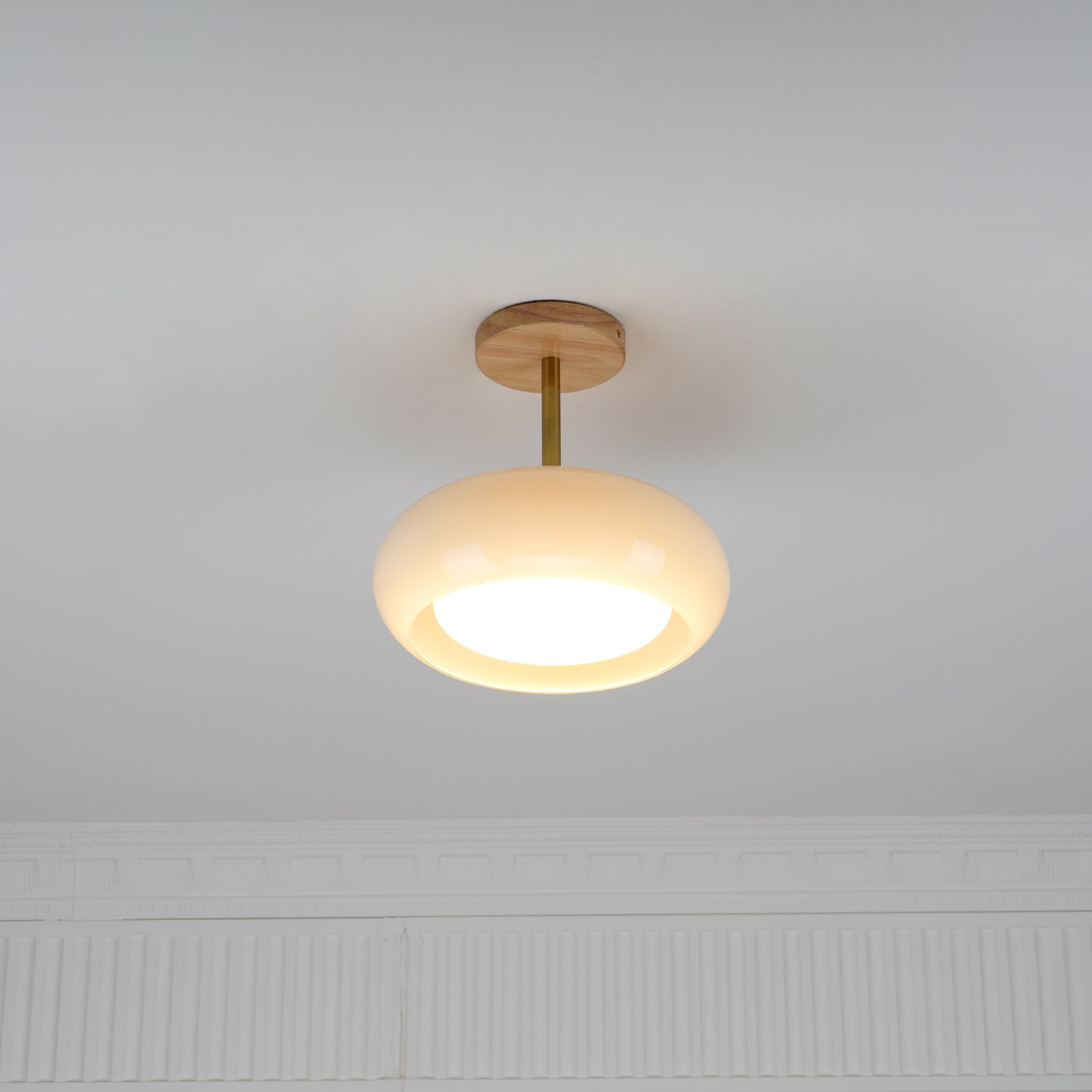 Bauhaus Inspired Mid Century Modern Glass Disc Ceiling Lamp Vintage Wood Light Fixture