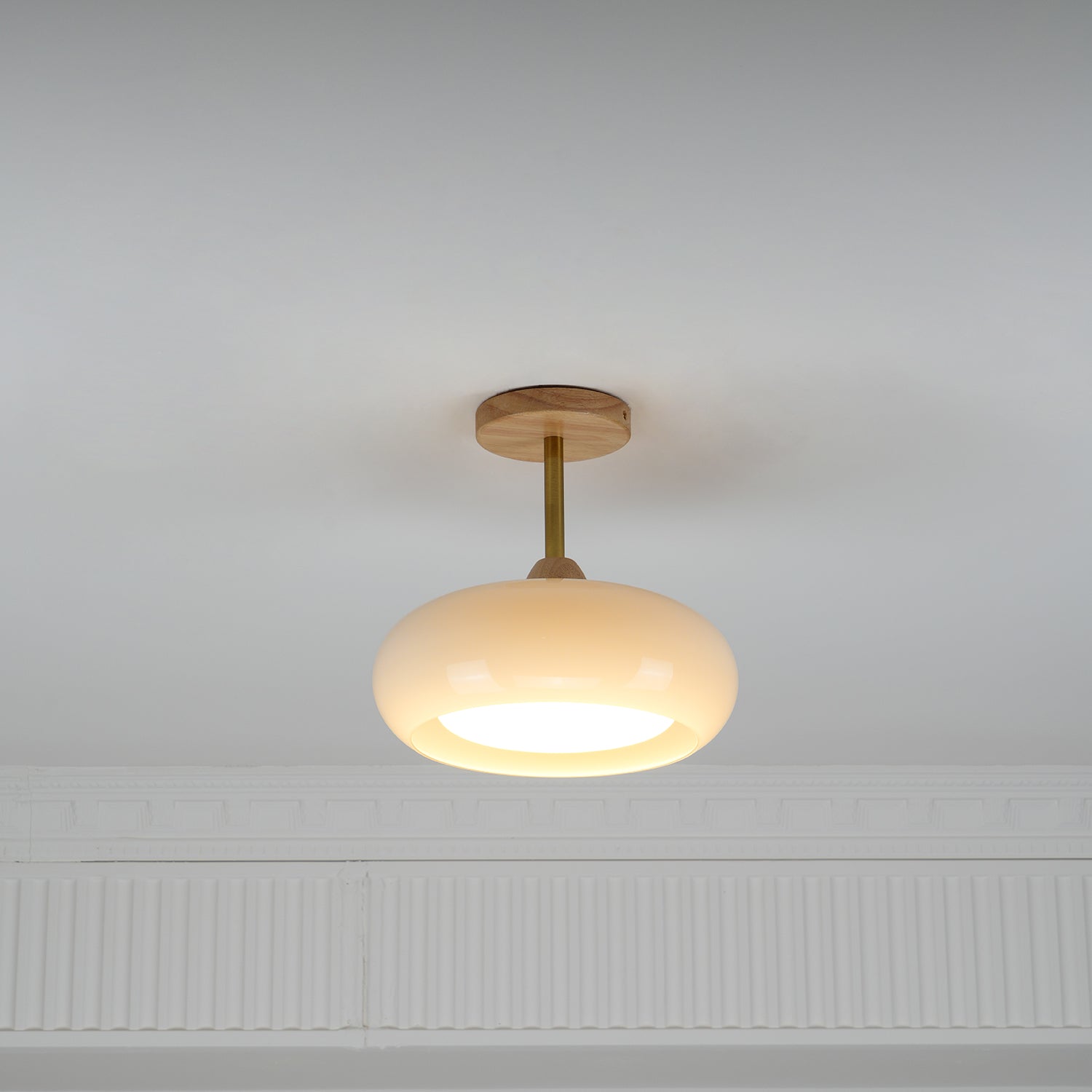 Bauhaus Inspired Mid Century Modern Glass Disc Ceiling Lamp Vintage Wood Light Fixture