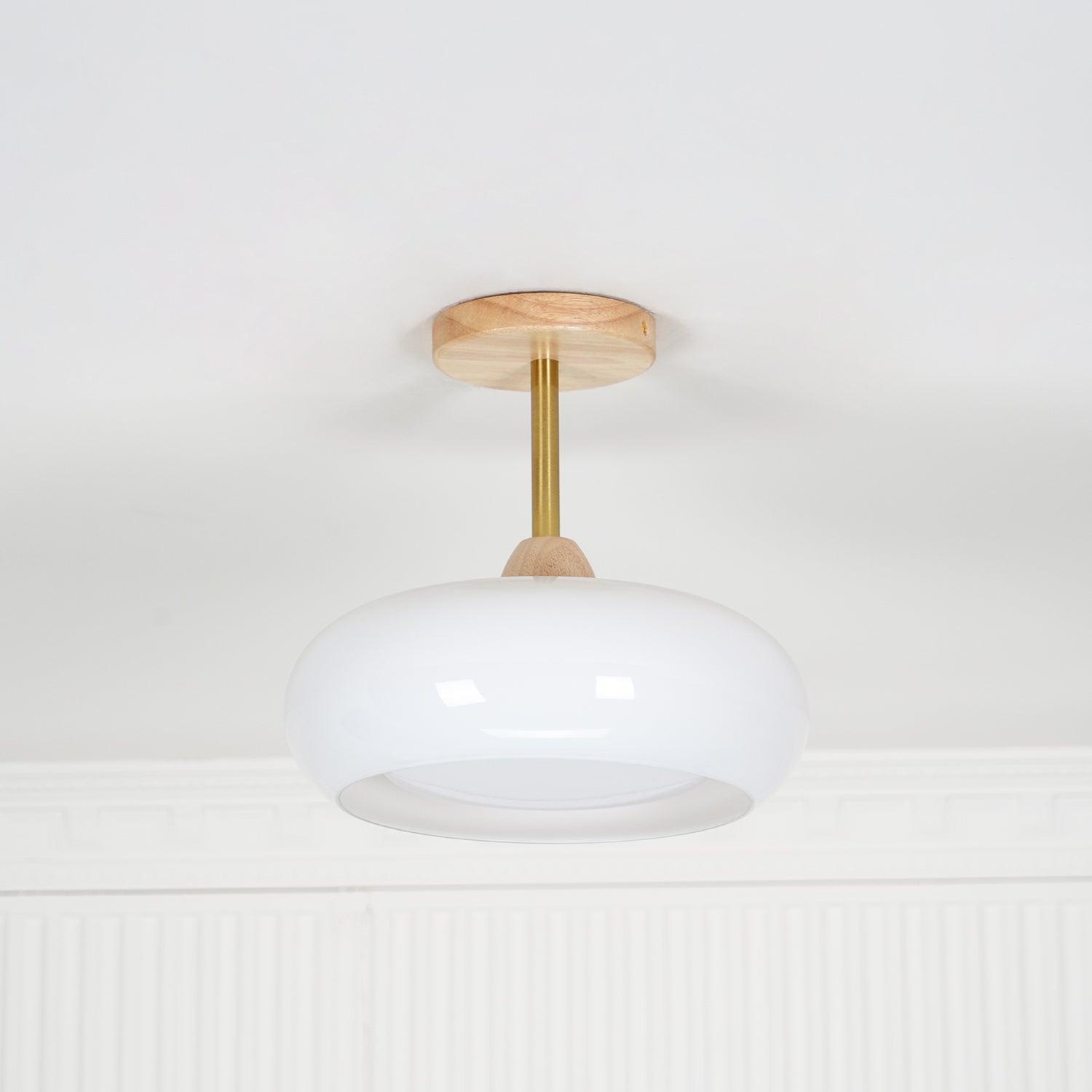 Bauhaus Inspired Mid Century Modern Glass Disc Ceiling Lamp Vintage Wood Light Fixture