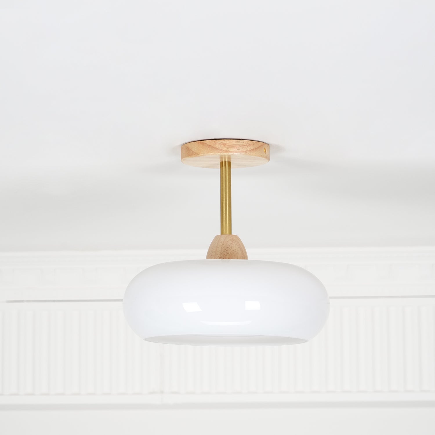 Bauhaus Inspired Mid Century Modern Glass Disc Ceiling Lamp Vintage Wood Light Fixture
