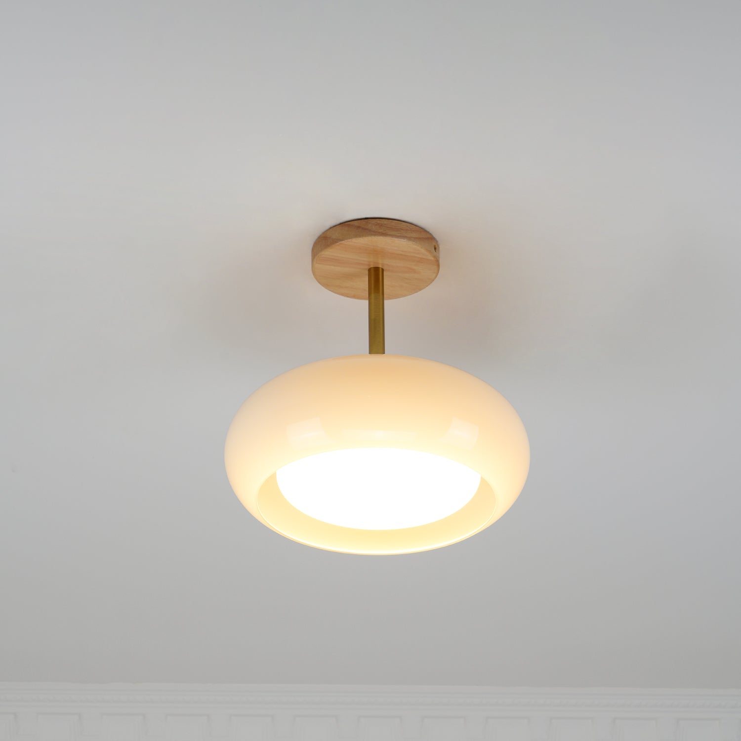 Bauhaus Inspired Mid Century Modern Glass Disc Ceiling Lamp Vintage Wood Light Fixture