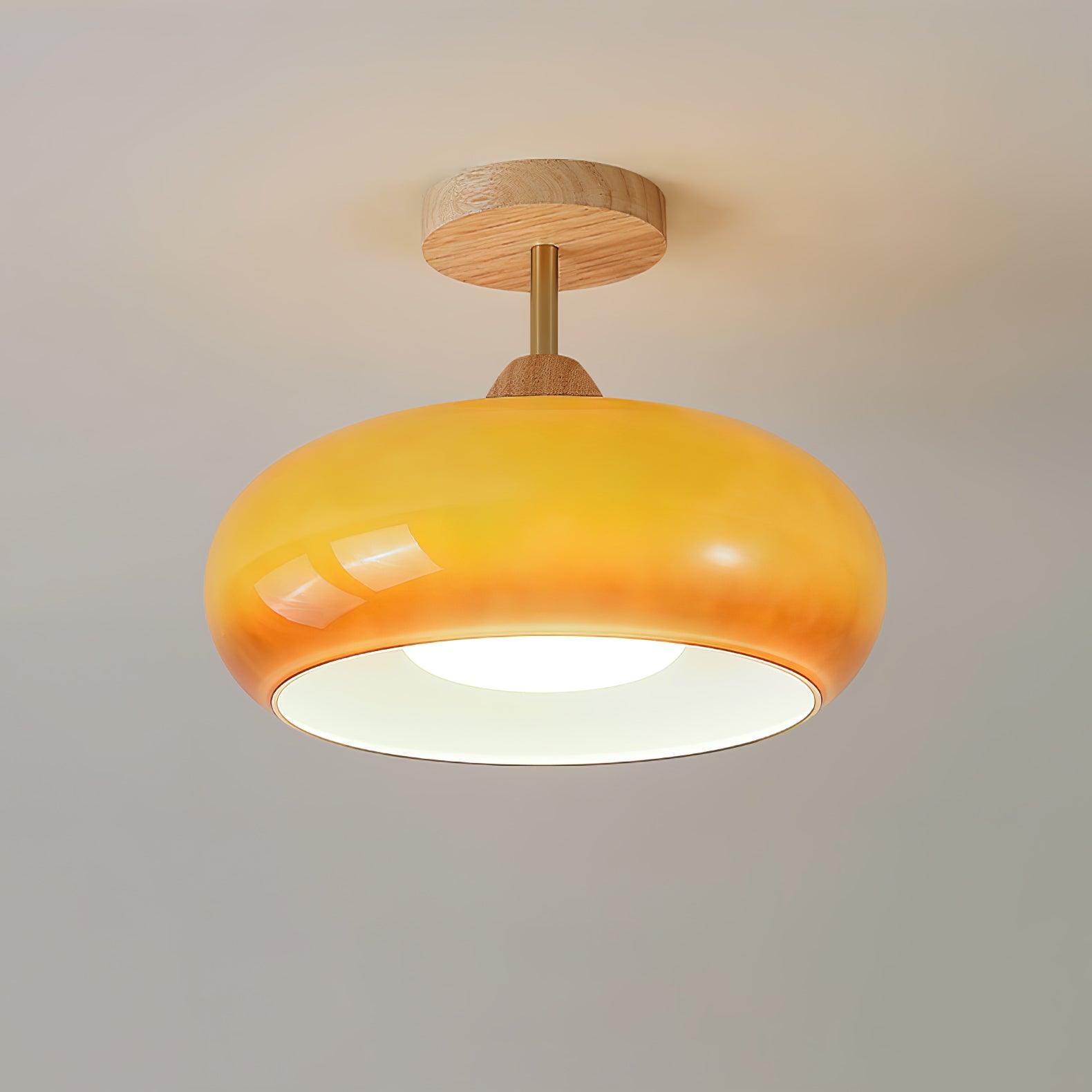 Bauhaus Inspired Mid Century Modern Glass Disc Ceiling Lamp Vintage Wood Light Fixture