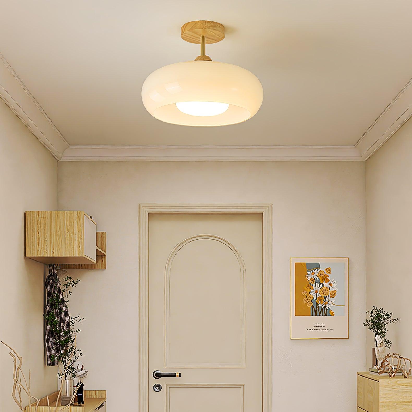 Bauhaus Inspired Mid Century Modern Glass Disc Ceiling Lamp Vintage Wood Light Fixture