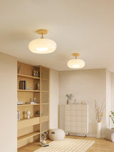 Bauhaus Inspired Mid Century Modern Glass Disc Ceiling Lamp Vintage Wood Light Fixture