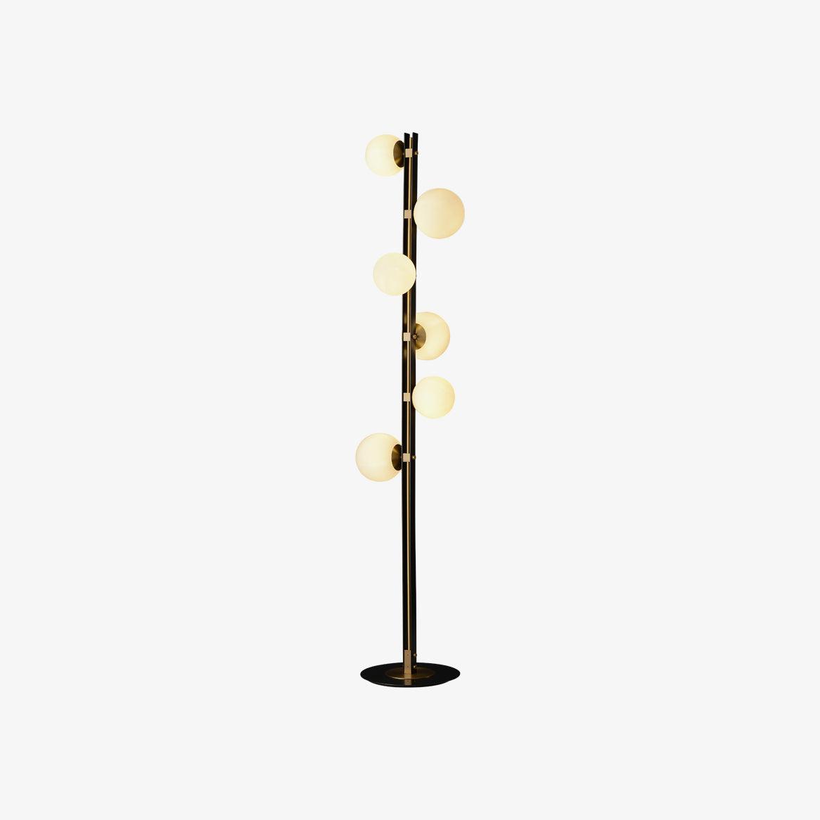 Modern Planetary Globe Standing Floor Lamp with White Blown Glass Shades and Brass Accents