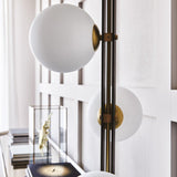 Modern Planetary Globe Standing Floor Lamp with White Blown Glass Shades and Brass Accents
