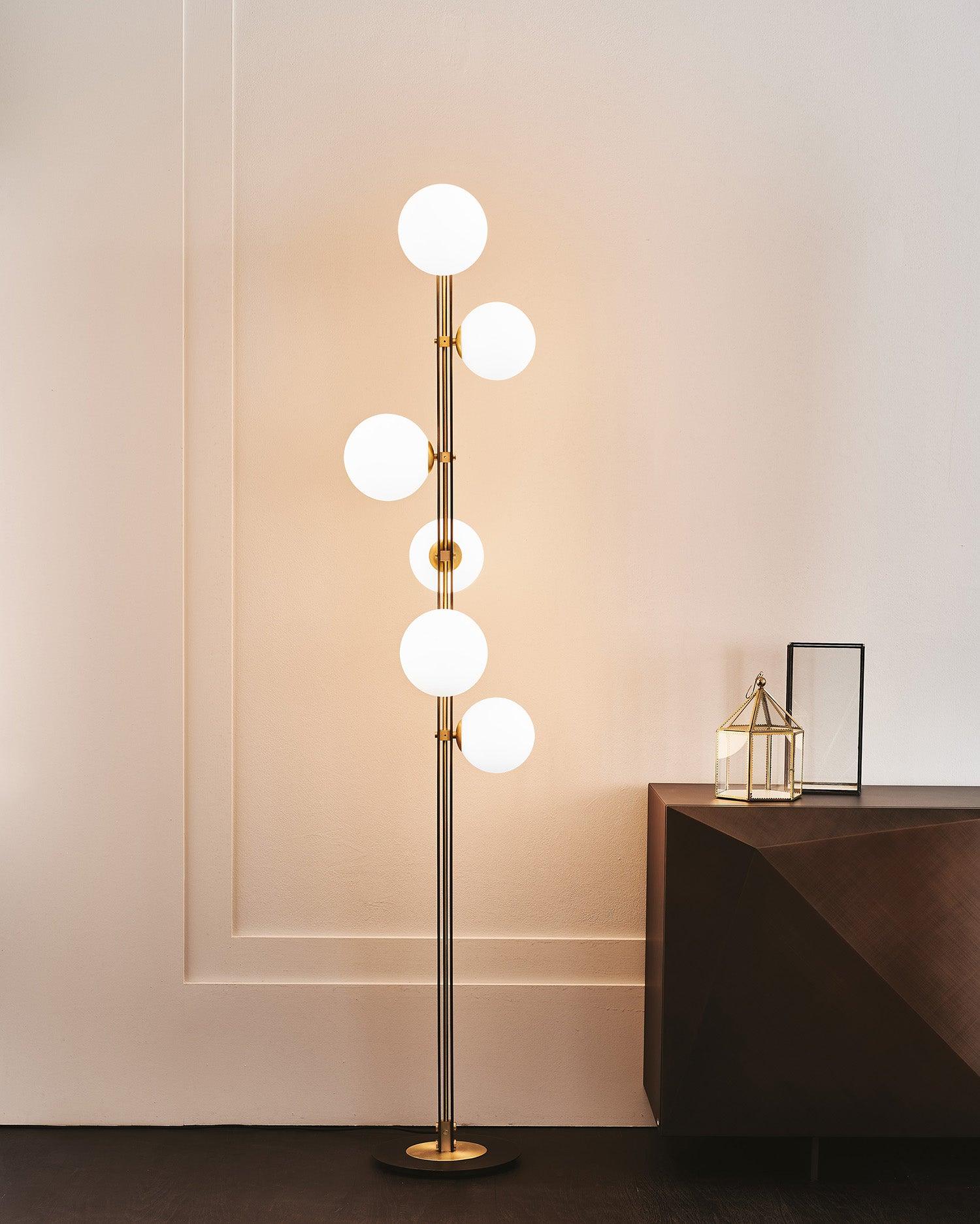 Modern Planetary Globe Standing Floor Lamp with White Blown Glass Shades and Brass Accents