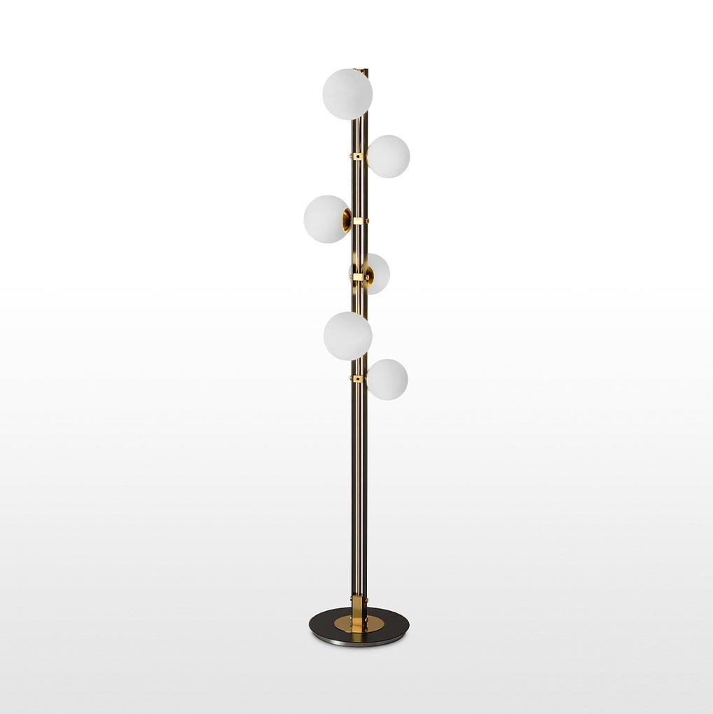 Modern Planetary Globe Standing Floor Lamp with White Blown Glass Shades and Brass Accents