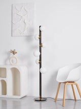 Modern Planetary Globe Standing Floor Lamp with White Blown Glass Shades and Brass Accents