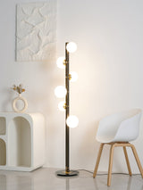 Modern Planetary Globe Standing Floor Lamp with White Blown Glass Shades and Brass Accents