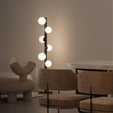 Modern Planetary Globe Standing Floor Lamp with White Blown Glass Shades and Brass Accents