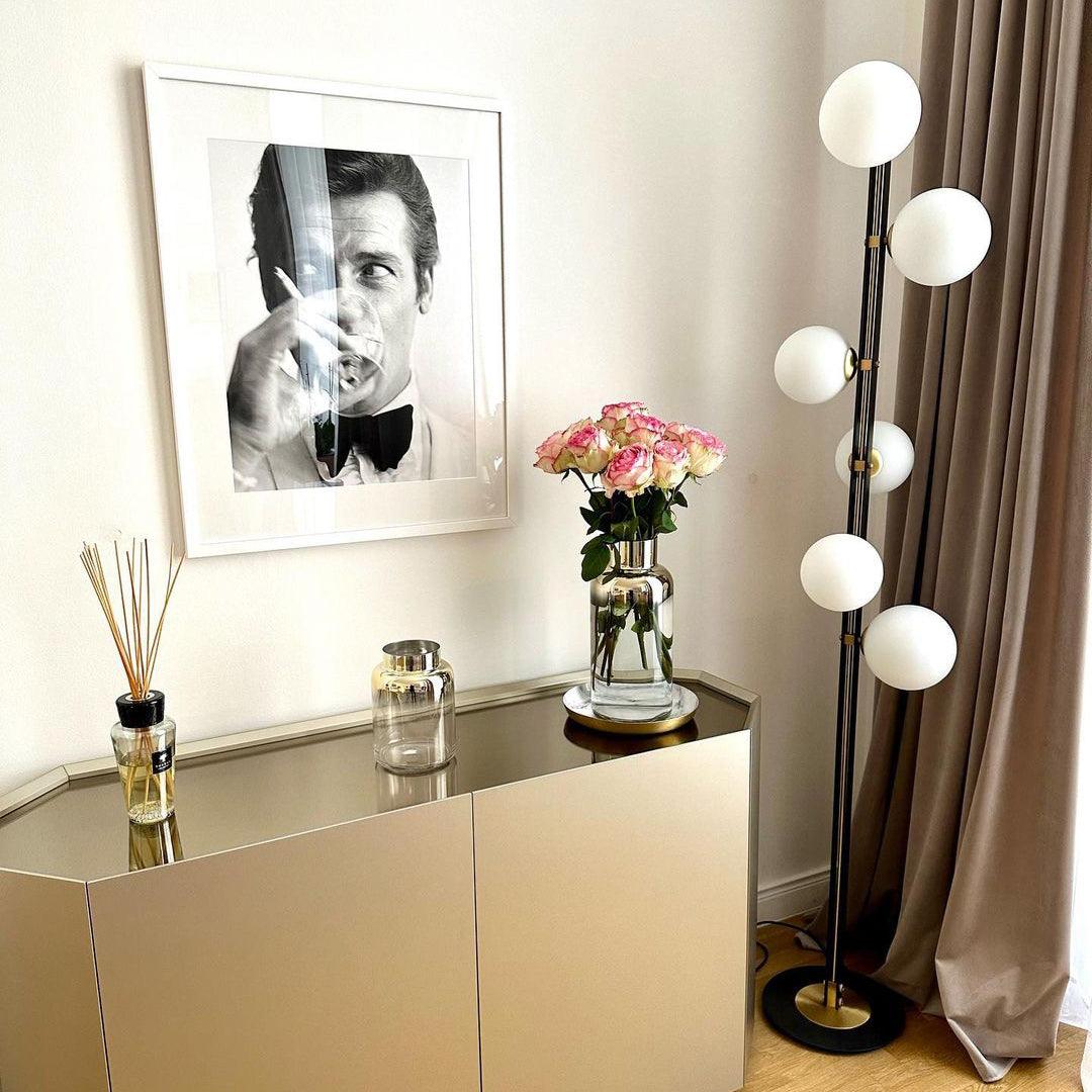 Modern Planetary Globe Standing Floor Lamp with White Blown Glass Shades and Brass Accents