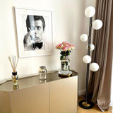 Modern Planetary Globe Standing Floor Lamp with White Blown Glass Shades and Brass Accents