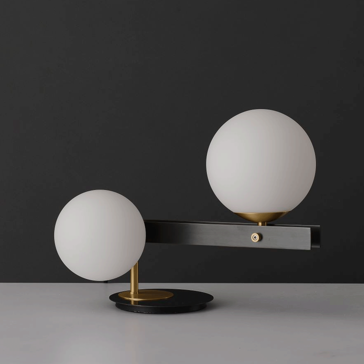 Planeta Mid Century Glass Globe Table Lamp with Brushed Brass Accents and White Blown Glass