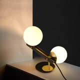 Planeta Mid Century Glass Globe Table Lamp with Brushed Brass Accents and White Blown Glass