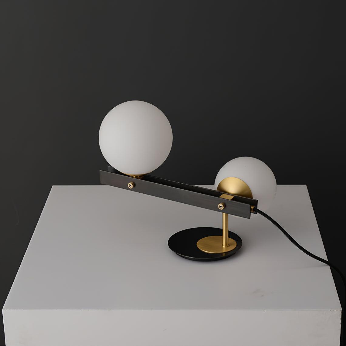 Planeta Mid Century Glass Globe Table Lamp with Brushed Brass Accents and White Blown Glass