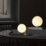 Planeta Mid Century Glass Globe Table Lamp with Brushed Brass Accents and White Blown Glass