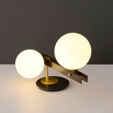 Planeta Mid Century Glass Globe Table Lamp with Brushed Brass Accents and White Blown Glass