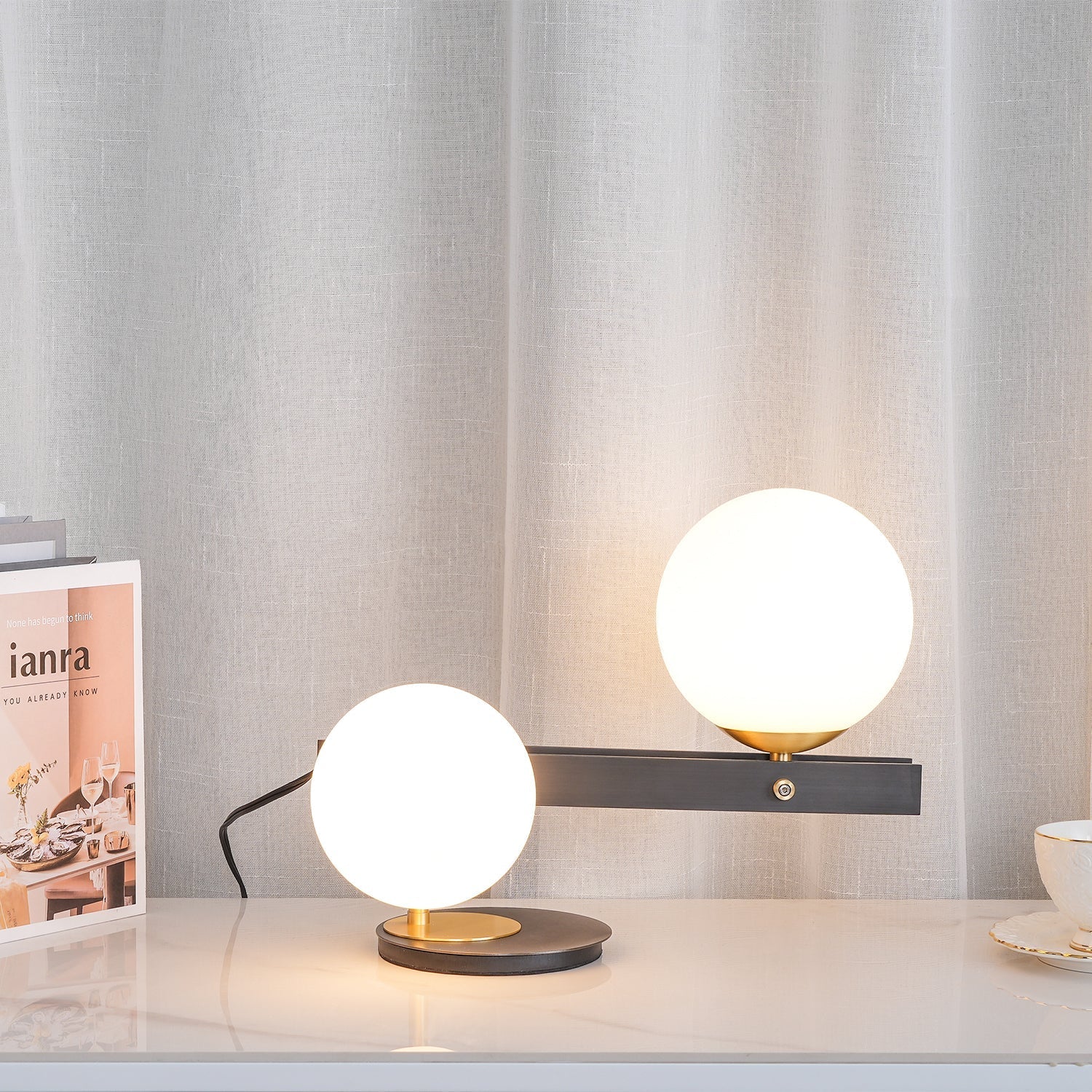 Planeta Mid Century Glass Globe Table Lamp with Brushed Brass Accents and White Blown Glass