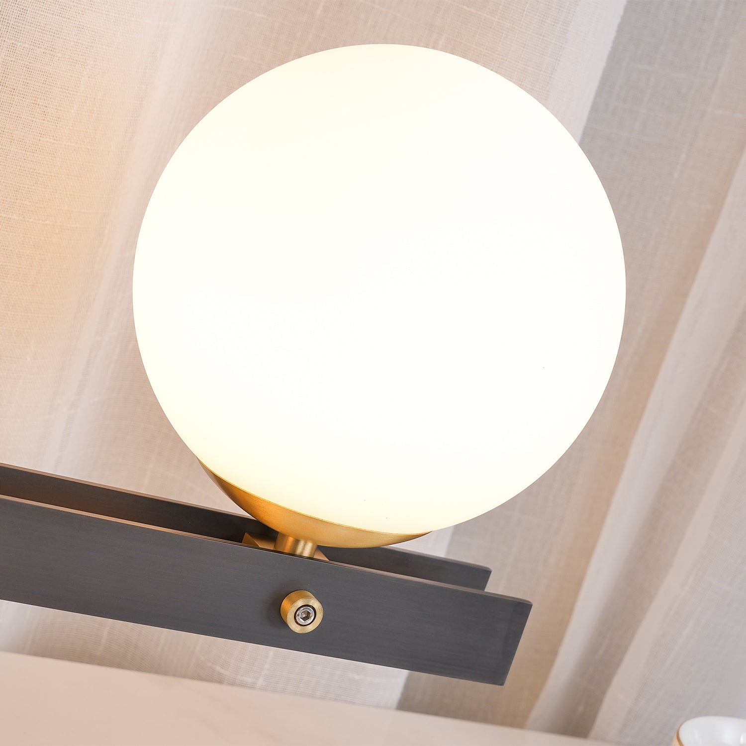 Planeta Mid Century Glass Globe Table Lamp with Brushed Brass Accents and White Blown Glass