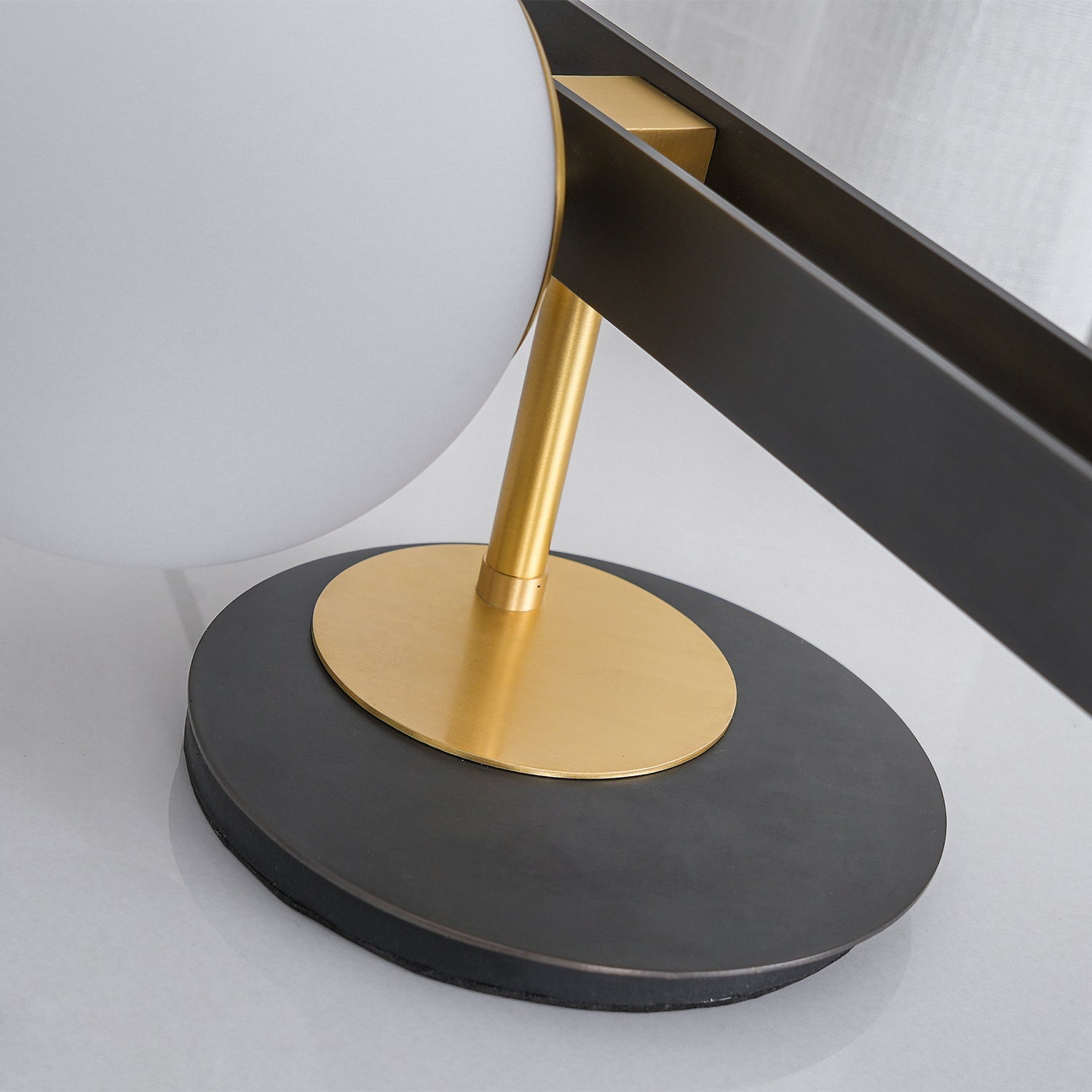 Planeta Mid Century Glass Globe Table Lamp with Brushed Brass Accents and White Blown Glass