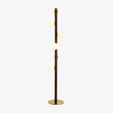 Planeta Walnut Wood Floor Lamp with White Glass Diffusers and Gold Metal Trim