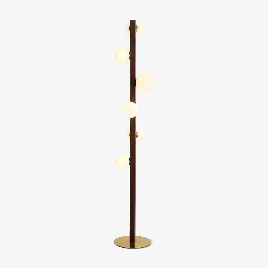 Planeta Walnut Wood Floor Lamp with White Glass Diffusers and Gold Metal Trim