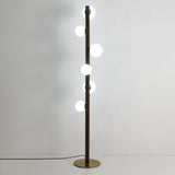 Planeta Walnut Wood Floor Lamp with White Glass Diffusers and Gold Metal Trim