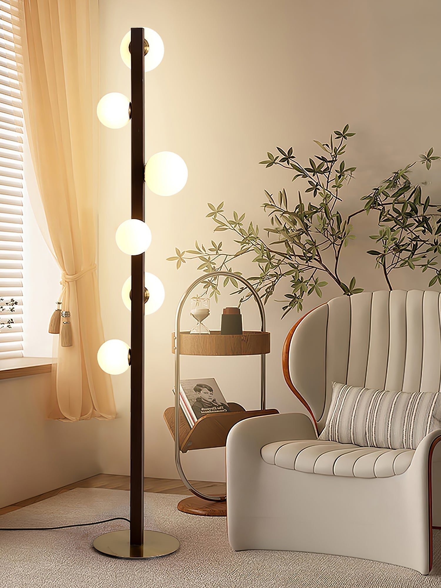 Planeta Walnut Wood Floor Lamp with White Glass Diffusers and Gold Metal Trim