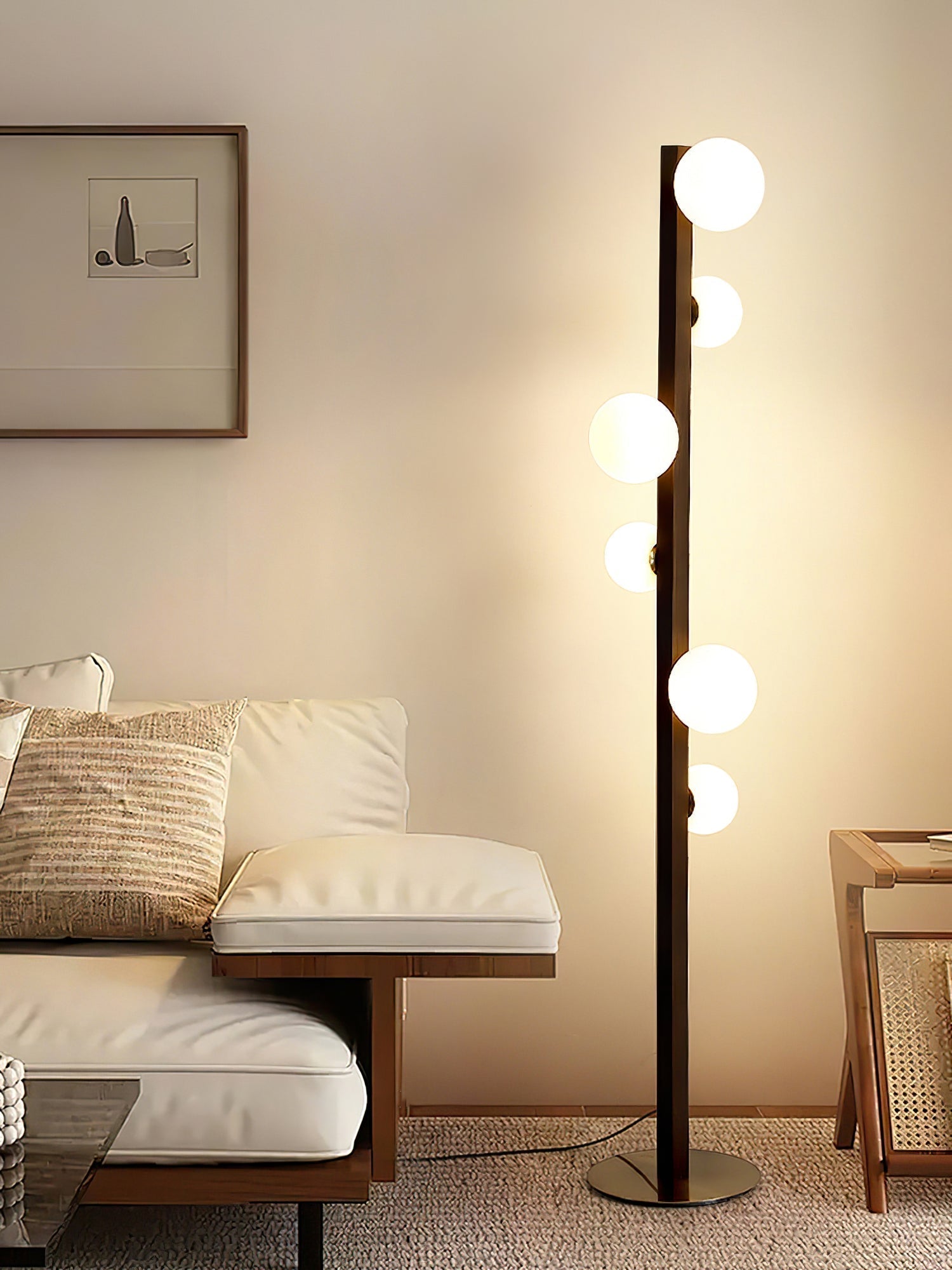 Planeta Walnut Wood Floor Lamp with White Glass Diffusers and Gold Metal Trim