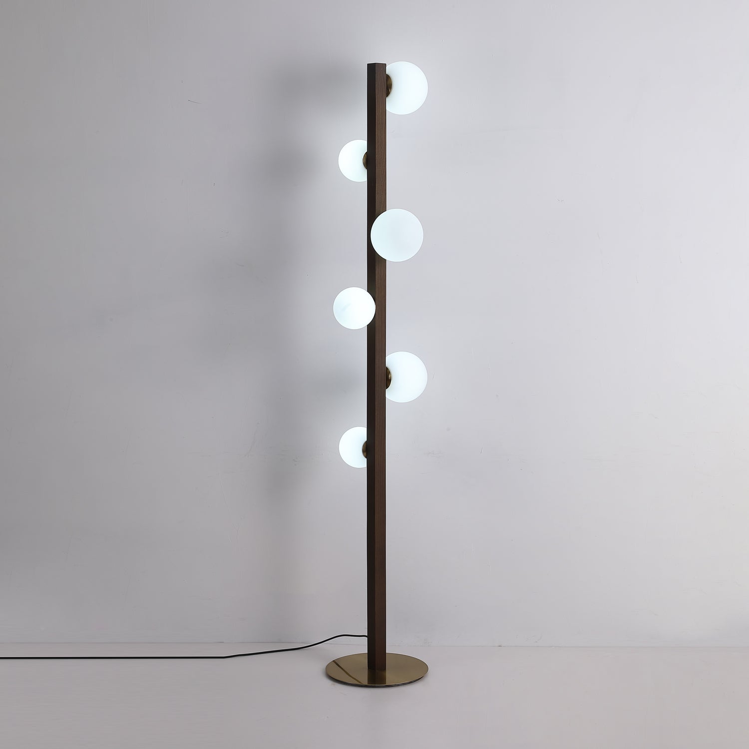 Planeta Walnut Wood Floor Lamp with White Glass Diffusers and Gold Metal Trim
