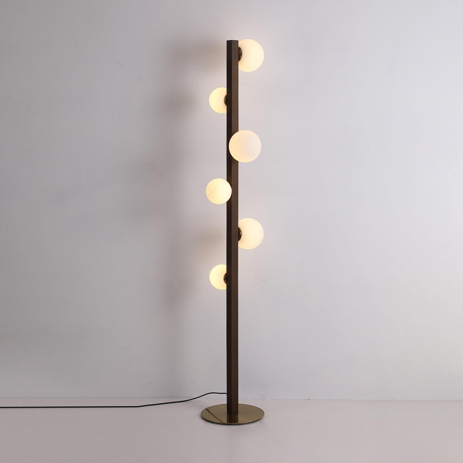 Planeta Walnut Wood Floor Lamp with White Glass Diffusers and Gold Metal Trim