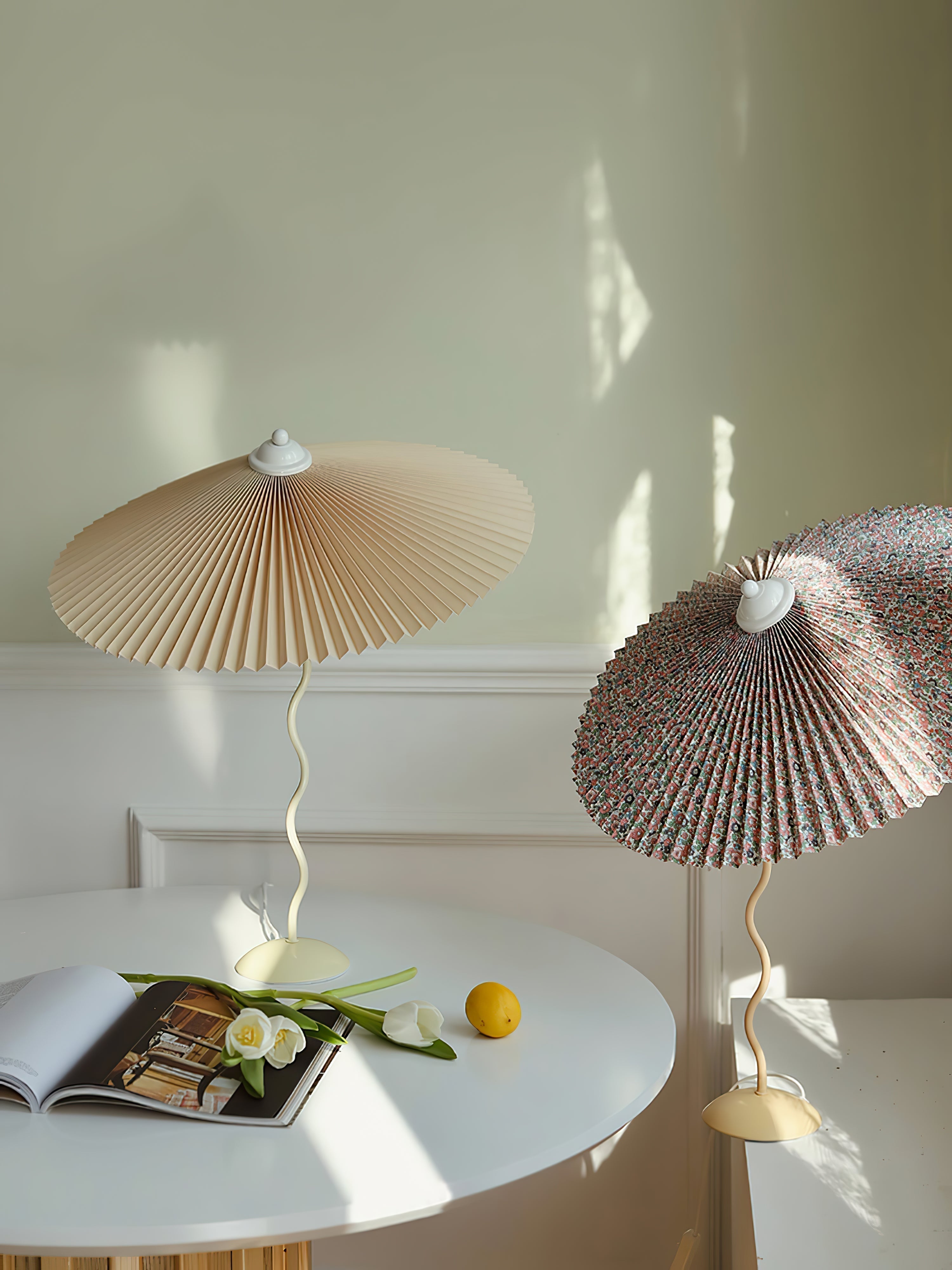 Sicilian Iron Table Lamp with Pleated Fabric Hat Shade and Beige Base for Home Decor