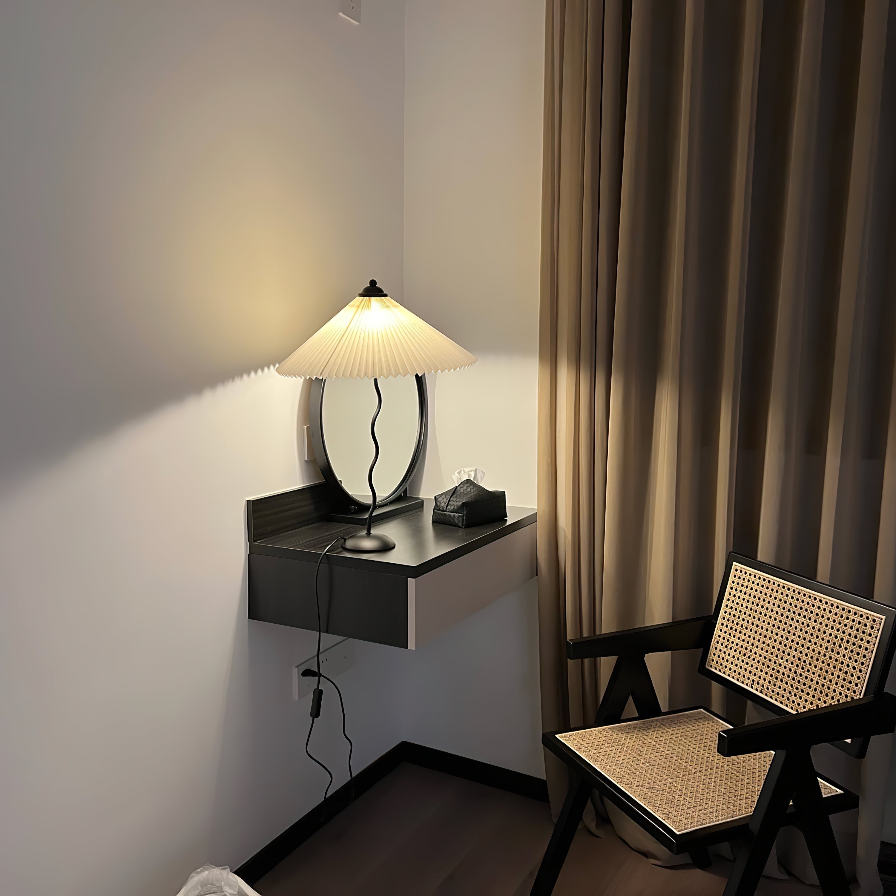 Sicilian Iron Table Lamp with Pleated Fabric Hat Shade and Beige Base for Home Decor