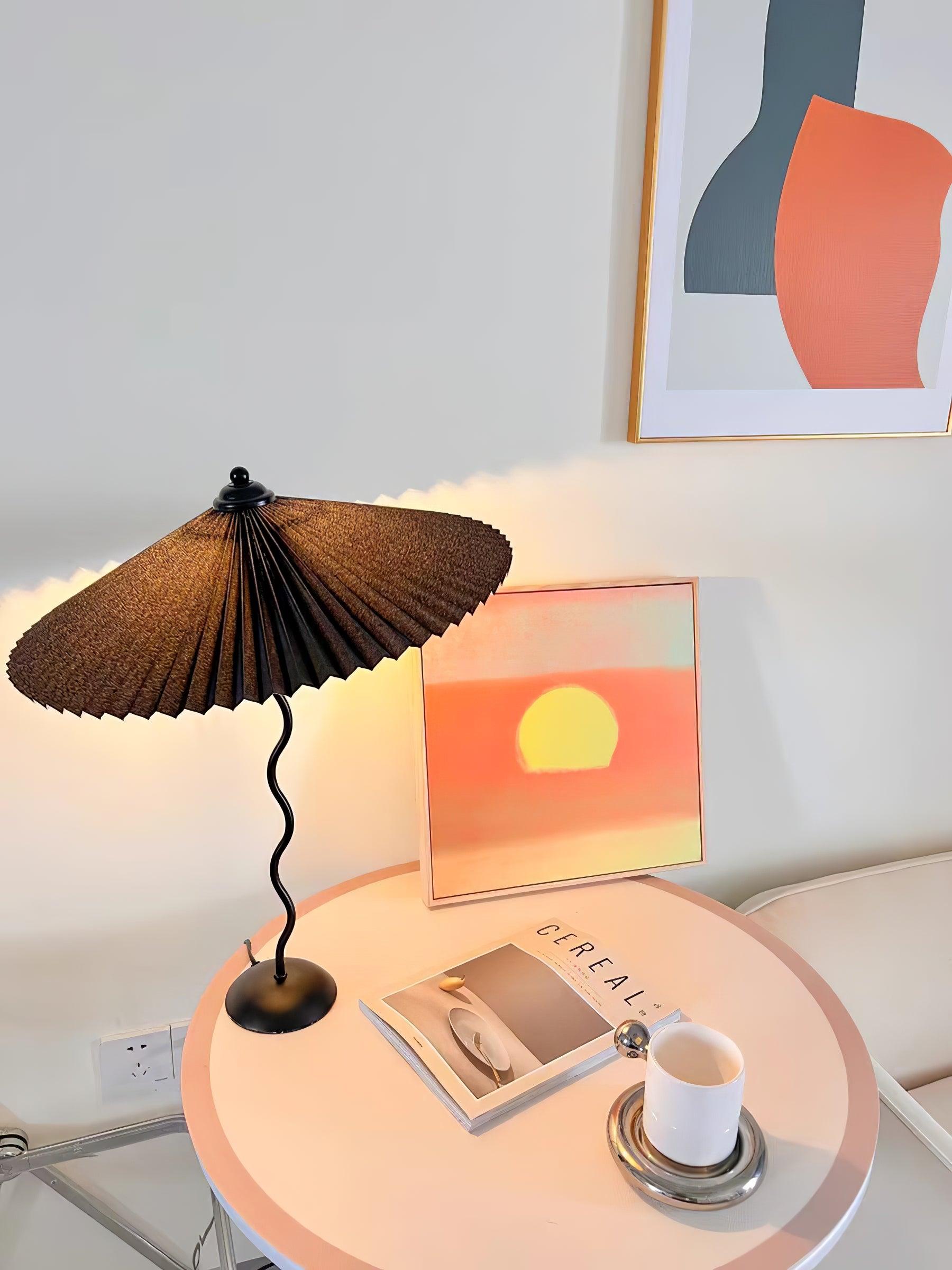 Sicilian Iron Table Lamp with Pleated Fabric Hat Shade and Beige Base for Home Decor